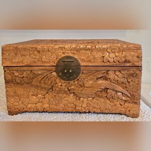 Vintage Carved Asian Lacquered Camphor Box Bird Pheasant Motif